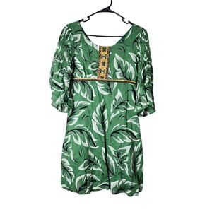 Anthropologie Mini Dress Size 2 Green Tropical Print Resort Flare Sleeve